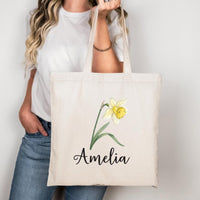 Personalized Birth Flower Tote Bag, Custom Name Floral Tote Bag, Birthday Month Flower, Birth Flower Gift for Her, Aesthetic Floral Tote
