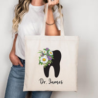 Personalized Dentist Tote Bag, Custom Name Dental Tote Bag, Dentist Gift Idea, Dental Hygienist Gift, Tooth Floral Design Tote Bag