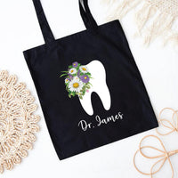 Personalized Dentist Tote Bag, Custom Name Dental Tote Bag, Dentist Gift Idea, Dental Hygienist Gift, Tooth Floral Design Tote Bag