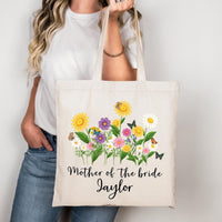 Mother of the Bride Tote Bag, Personalized Wedding Tote Bag, Custom Name Bridal Party Gift, Floral Wedding Gift for Mom, Wedding Day Tote