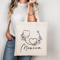 Personalized Nurse Tote Bag, Custom Name Nurse Bag, Stethoscope Floral Tote Bag, Nurse Gift Idea, Healthcare Worker Gift, Medical Tote Bag