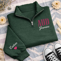 Custom Monogram Embroidered Quarter Zip Sweatshirt, Personalized Name Pullover, Sleeve Heart Gift for Women Moms, Custom College Style Gift