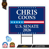 Chris Coons For Delaware Senate 2026 Yard Sign, Corrugated Plastic Senate Elections, Race Red White & Blue Yard Sign with Metal H-Stake