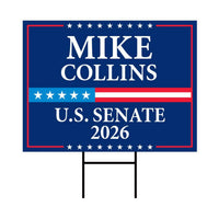 Mike Collins For Georgia Senate 2026 Yard Sign, Corrugated Plastic Senate Elections, Race Red White & Blue Yard Sign with Metal H-Stake