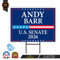 Andy Barr For Kentucky Senate 2026 Yard Sign, Corrugated Plastic Senate Elections, Race Red White & Blue Yard Sign with Metal H-Stake