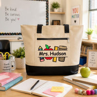 Teacher Tote Bag with Zipper, Personalized Teacher Name Bag, Custom Classroom Gift, Back to School Gift, Work Tote, Teacher Appreciation