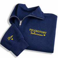 Phlebotomy Technician Embroidered Quarter Zip Sweatshirt, Personalized Name Pullover, Medical Worker Gift, Lab Tech Cozy Apparel