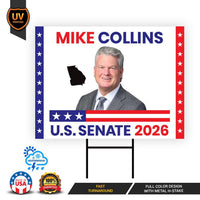 Mike Collins For Georgia Senate 2026 Yard Sign, Corrugated Plastic Senate Elections, Race Red White & Blue Yard Sign with Metal H-Stake