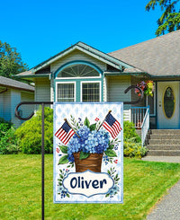 Personalized Patriotic Garden Flag, 12x18 Double Sided Sign, Hydrangea Patriotic Outdoor Decor, Custom Name Porch Decor, Mother's Day Gift