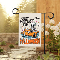 Just Waiting For Halloween Garden Flag, 12x18 Double Sided Outdoor Decor, Halloween Yard Flag, Spooky Skeleton Pool Party, Fall Gift