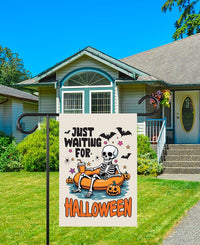 Just Waiting For Halloween Garden Flag, 12x18 Double Sided Outdoor Decor, Halloween Yard Flag, Spooky Skeleton Pool Party, Fall Gift