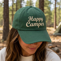 Happy Camper Embroidered Hat, Camping Lover Baseball Cap, Low Profile Dad Hat, Outdoor Adventure Gift, Everyday Cap Gift