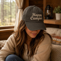 Happy Camper Embroidered Hat, Camping Lover Baseball Cap, Low Profile Dad Hat, Outdoor Adventure Gift, Everyday Cap Gift