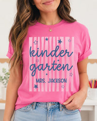 Personalized Kindergarten Teacher Shirt, Custom Educator Name Tee, Striped Classroom Top, Back to School Outfit, Teacher Appreciation Gift