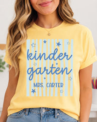 Personalized Kindergarten Teacher Shirt, Custom Educator Name Tee, Striped Classroom Top, Back to School Outfit, Teacher Appreciation Gift