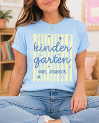Personalized Kindergarten Teacher Shirt, Custom Educator Name Tee, Striped Classroom Top, Back to School Outfit, Teacher Appreciation Gift