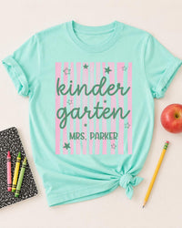 Personalized Kindergarten Teacher Shirt, Custom Educator Name Tee, Striped Classroom Top, Back to School Outfit, Teacher Appreciation Gift