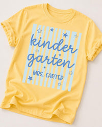 Personalized Kindergarten Teacher Shirt, Custom Educator Name Tee, Striped Classroom Top, Back to School Outfit, Teacher Appreciation Gift