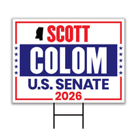 Scott Colom For Mississippi Senate 2026 Yard Sign, Corrugated Senate Elections, Race Red White & Blue Yard Sign with Metal H-Stake