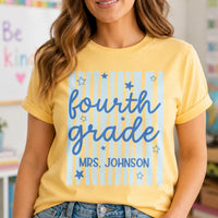 Personalized Fourth Grade Teacher Shirt, Custom Name Classroom Tee, Retro Stripe Top, Back to School Outfit, Teacher Appreciation Gift