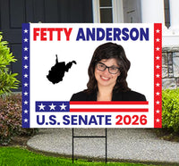 Fetty Anderson For West Virginia Senate 2026 Yard Sign, Corrugated Senate Election, Race Red White & Blue Yard Sign with Metal H-Stake