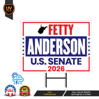 Fetty Anderson For West Virginia Senate 2026 Yard Sign, Corrugated Senate Election, Race Red White & Blue Yard Sign with Metal H-Stake