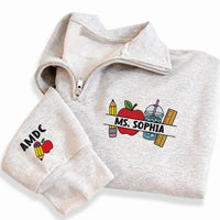 Personalized Teacher Embroidered Quarter Zip Sweatshirt, Custom Name Pullover, Classroom Icon Sweater, School Staff Apparel, Teacher Gift