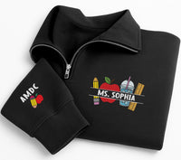 Personalized Teacher Embroidered Quarter Zip Sweatshirt, Custom Name Pullover, Classroom Icon Sweater, School Staff Apparel, Teacher Gift