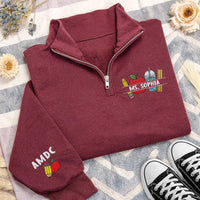Personalized Teacher Embroidered Quarter Zip Sweatshirt, Custom Name Pullover, Classroom Icon Sweater, School Staff Apparel, Teacher Gift