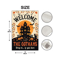 Custom Haunted House Garden Flag, 12x18 Double Sided Halloween Yard Flag, Family Name Porch Decor, Spooky Season Decor, Halloween Gift