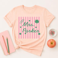 Personalized Teacher Name Shirt, Custom Mrs Classroom Tee, Striped Floral School Top, Back to School Outfit, Teacher Appreciation Gift