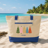 Custom Christmas Tree Tote Bag with Zipper, Personalized Name Canvas Bag, Festive Day Tote, Holiday Shopping, Christmas Gift for Her