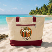 Personalized Fall Reader Tote Bag with Zipper, Custom Name Pumpkin Books Canvas Tote, Book Lover Canvas Bag, Thanksgiving Gift for Reader