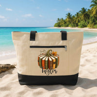 Personalized Fall Reader Tote Bag with Zipper, Custom Name Pumpkin Books Canvas Tote, Book Lover Canvas Bag, Thanksgiving Gift for Reader