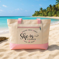 Personalized Breast Cancer Warrior Tote Bag with Zipper, Custom Name Canvas Tote, Pink Ribbon Art, Hospital Day Bag, Survivor Gift for Her