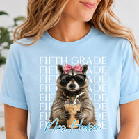 Personalized Fifth Grade Teacher Shirt, Custom Teacher Name Tee, Coffee Raccoon Top, Back to School Outfit, Educator Gift