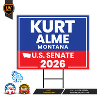 Kurt Alme For Montana Senate 2026 Yard Sign, Corrugated Plastic Senate Elections, Race Red White & Blue Yard Sign with Metal H-Stake
