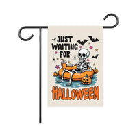 Just Waiting For Halloween Garden Flag, 12x18 Double Sided Outdoor Decor, Halloween Yard Flag, Spooky Skeleton Pool Party, Fall Gift