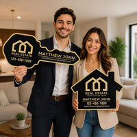 2 Pack Personalized Real Estate Marketing Closing Signs, Customized Realtor Social Media Photo Props, Realtor Key, Custom House Shaped Sign