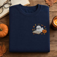 Book Lover Embroidered Sweatshirt, Cute Ghost Reading Hoodie, Halloween Bookish Shirt, Cozy Bookish Hoodie, Fall Gift for Women Readers