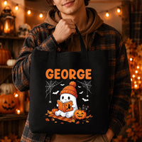 Personalized Halloween Tote Bag, Custom Name Ghost Bag, Cute Trick or Treat Canvas Tote, Kids Halloween Candy Bag, Spooky Season Gift