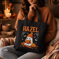 Personalized Halloween Tote Bag, Custom Name Ghost Bag, Cute Trick or Treat Canvas Tote, Kids Halloween Candy Bag, Spooky Season Gift