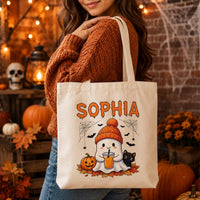 Personalized Halloween Tote Bag, Custom Name Ghost Bag, Cute Trick or Treat Canvas Tote, Kids Halloween Candy Bag, Spooky Season Gift