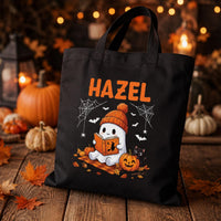 Personalized Halloween Tote Bag, Custom Name Ghost Bag, Cute Trick or Treat Canvas Tote, Kids Halloween Candy Bag, Spooky Season Gift