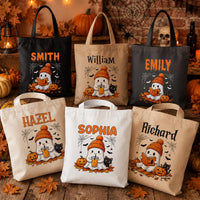 Personalized Halloween Tote Bag, Custom Name Ghost Bag, Cute Trick or Treat Canvas Tote, Kids Halloween Candy Bag, Spooky Season Gift
