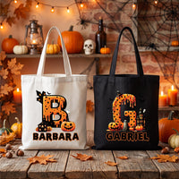 Personalized Halloween Tote Bag, Custom Name Trick or Treat Bag, Kids Candy Canvas Tote, Spooky Initial Bag, Halloween Gift for Kids