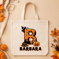 Personalized Halloween Tote Bag, Custom Name Trick or Treat Bag, Kids Candy Canvas Tote, Spooky Initial Bag, Halloween Gift for Kids