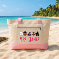 Personalized Halloween Teacher Tote Bag with Zipper, Custom Name Canvas Tote, Choose Five Icons, Classroom Supplies Bag, Gift for Teacher
