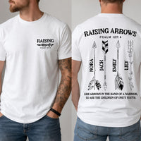 Personalized Raising Arrows Dad Shirt, Custom Kids Names Christian Tee, Psalm 127:4 Big Front Back Print, Father's Day Outfit, Gift for Dad