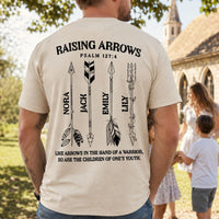 Personalized Raising Arrows Dad Shirt, Custom Kids Names Christian Tee, Psalm 127:4 Big Front Back Print, Father's Day Outfit, Gift for Dad